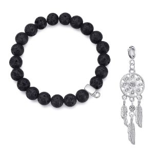 Lava Rock Gemstone Stretch Bracelet with Charm Created with Zircondia® Crystals