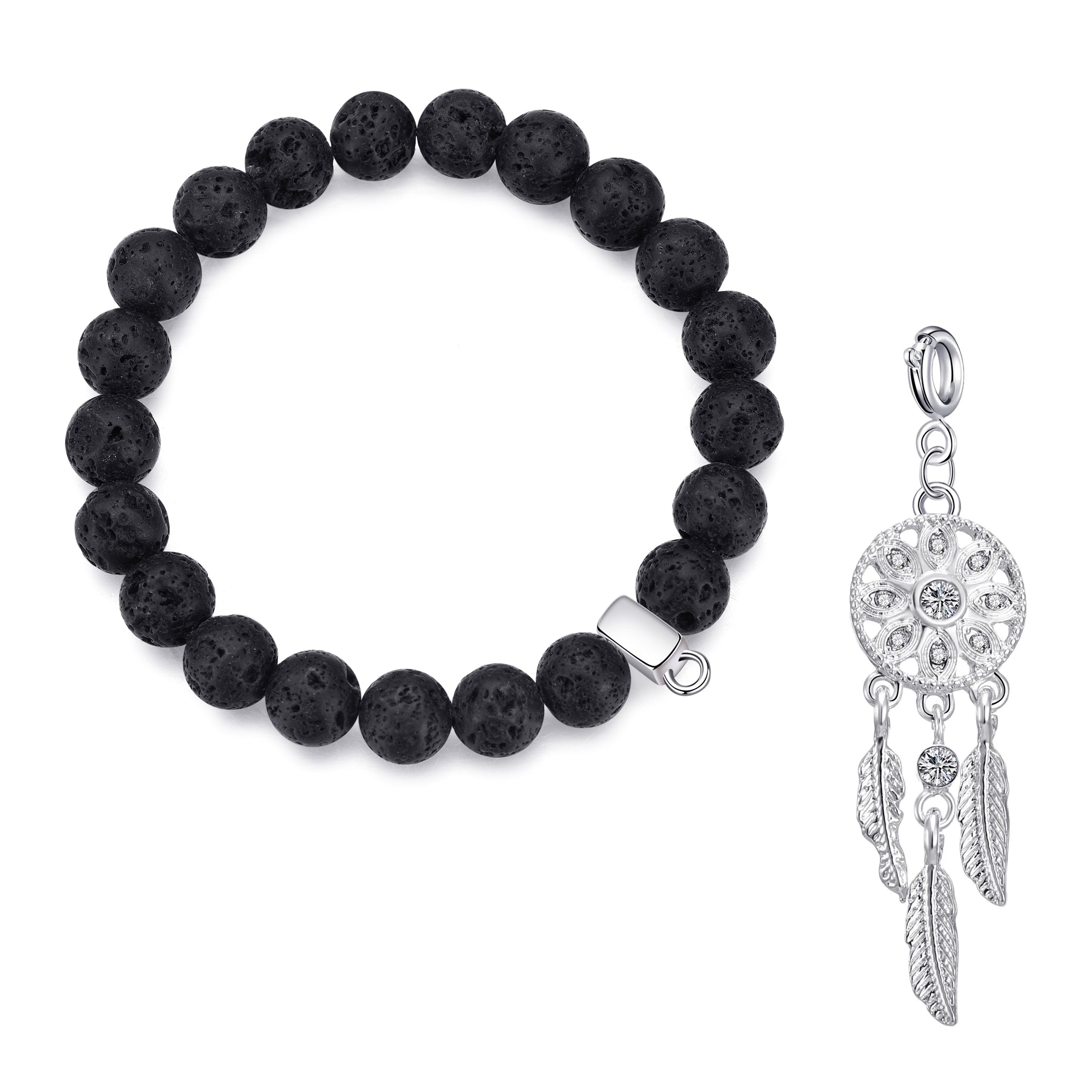 Lava Rock Gemstone Stretch Bracelet with Charm Created with Zircondia® Crystals