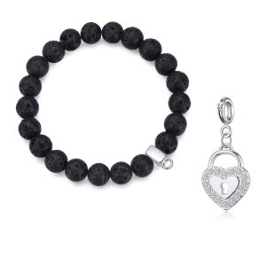 Lava Rock Gemstone Stretch Bracelet with Charm Created with Zircondia® Crystals