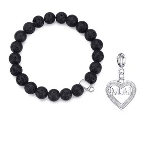 Lava Rock Gemstone Stretch Bracelet with Charm Created with Zircondia® Crystals