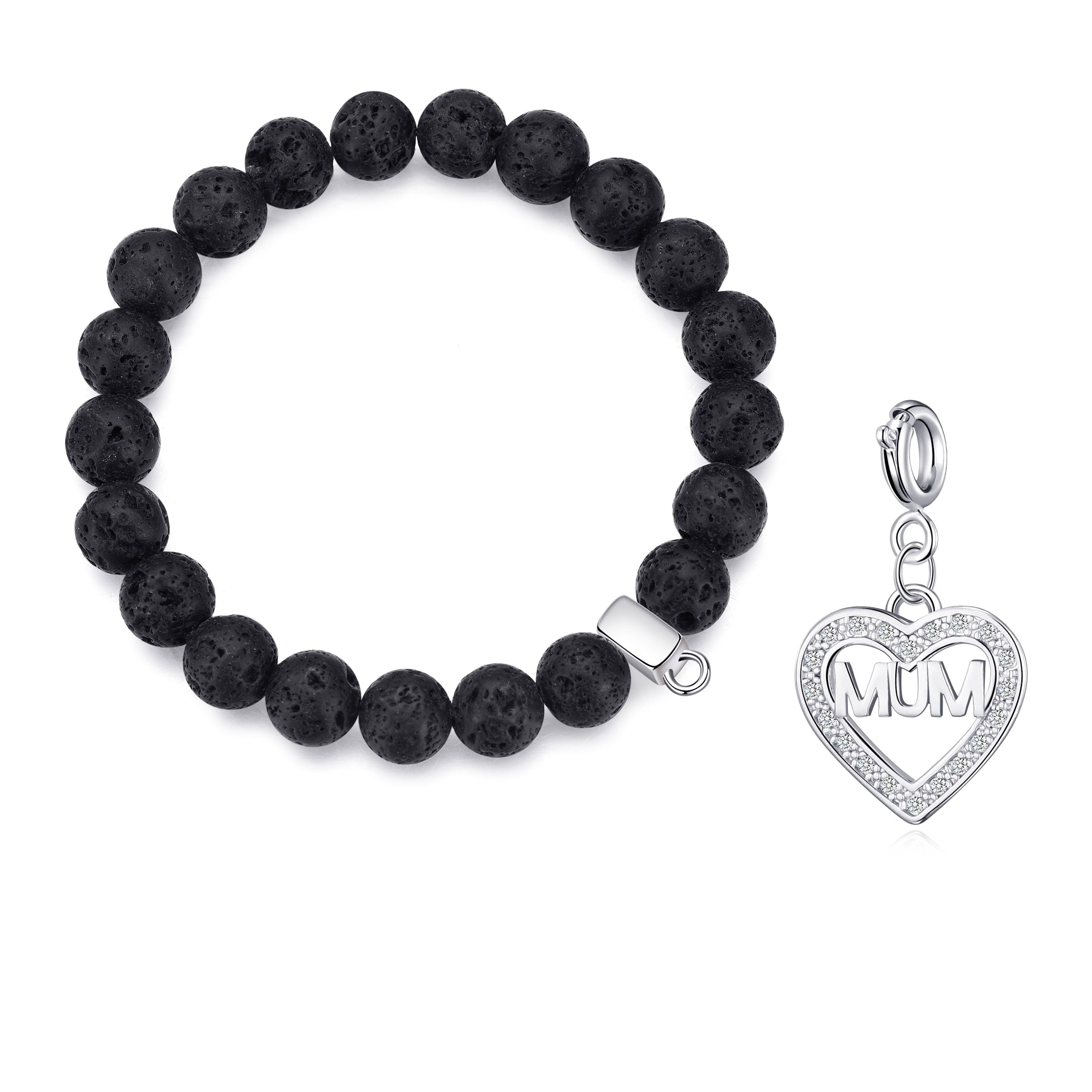 Lava Rock Gemstone Stretch Bracelet with Charm Created with Zircondia® Crystals