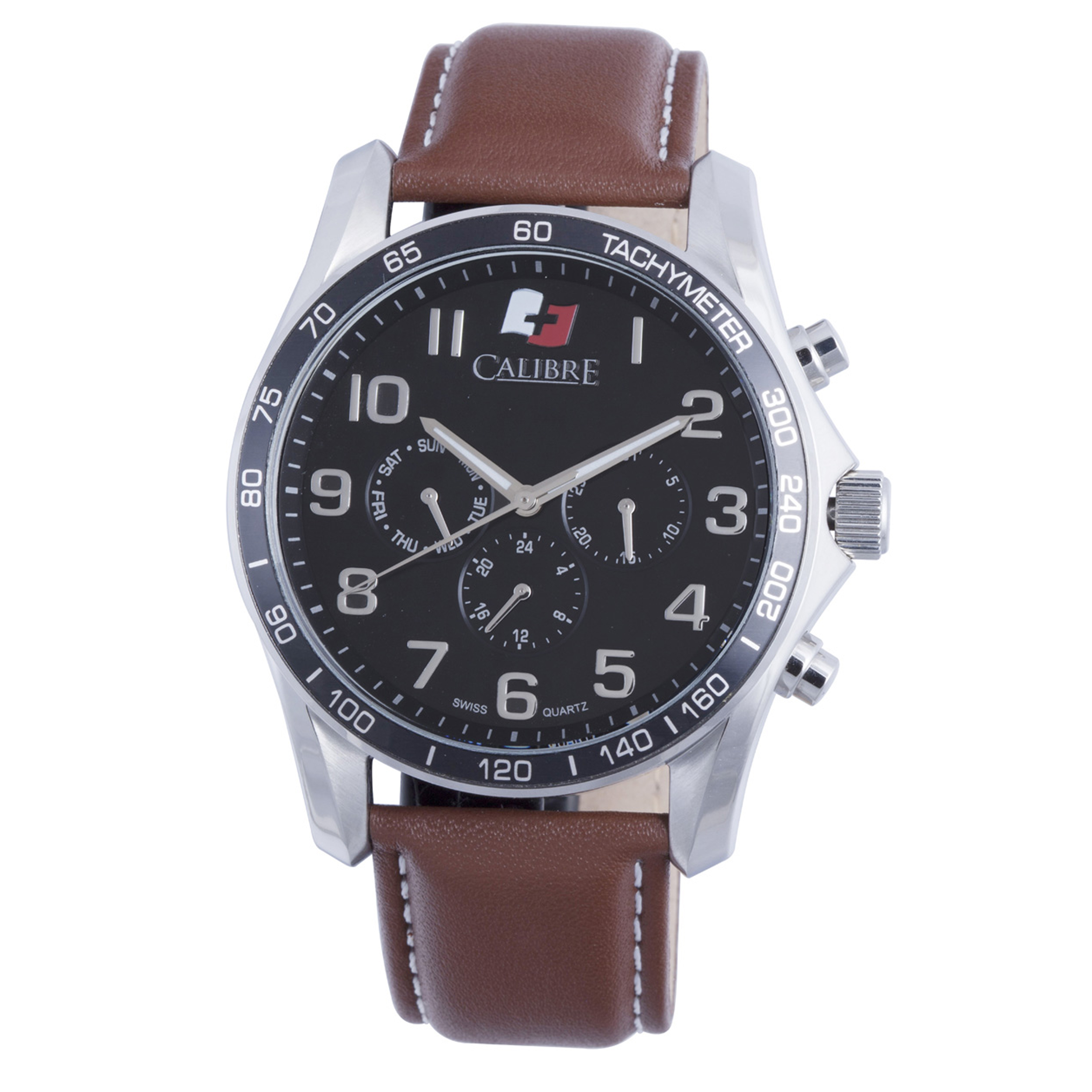 Calibre Mens Buffalo Swiss Made Movement Watch Brown Leather Calfskin Strap Black Dial - One Size