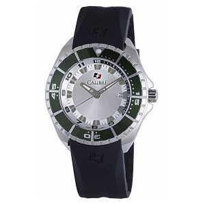 Calibre Mens Sea Knight Swiss Made Movement Watch Black Rubber Strap Silver Dial – One Size