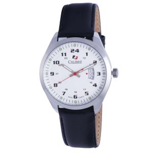 Calibre Mens Trooper Swiss Made Movement Watch Black Leather Calfskin Strap White Dial – One Size
