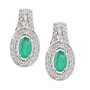 Diamant L’Eternel Womens 18ct White Gold Emerald and Diamond Oval Drop Earrings – One Size