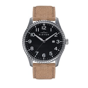 Elevon Mens Crosswind Canvas-Overlaid Leather-Band Watch w/ Date – Khaki Metal – One Size