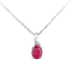 Diamant L’Eternel Womens 9ct White Gold Ruby and Diamond Oval Gemstone Pendant Necklace – Size P 1/2