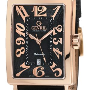Gevril Mens Avenue of America’s 15201-2 Swiss Automatic Sellita SW200, Genuine Black Leather Band – One Size