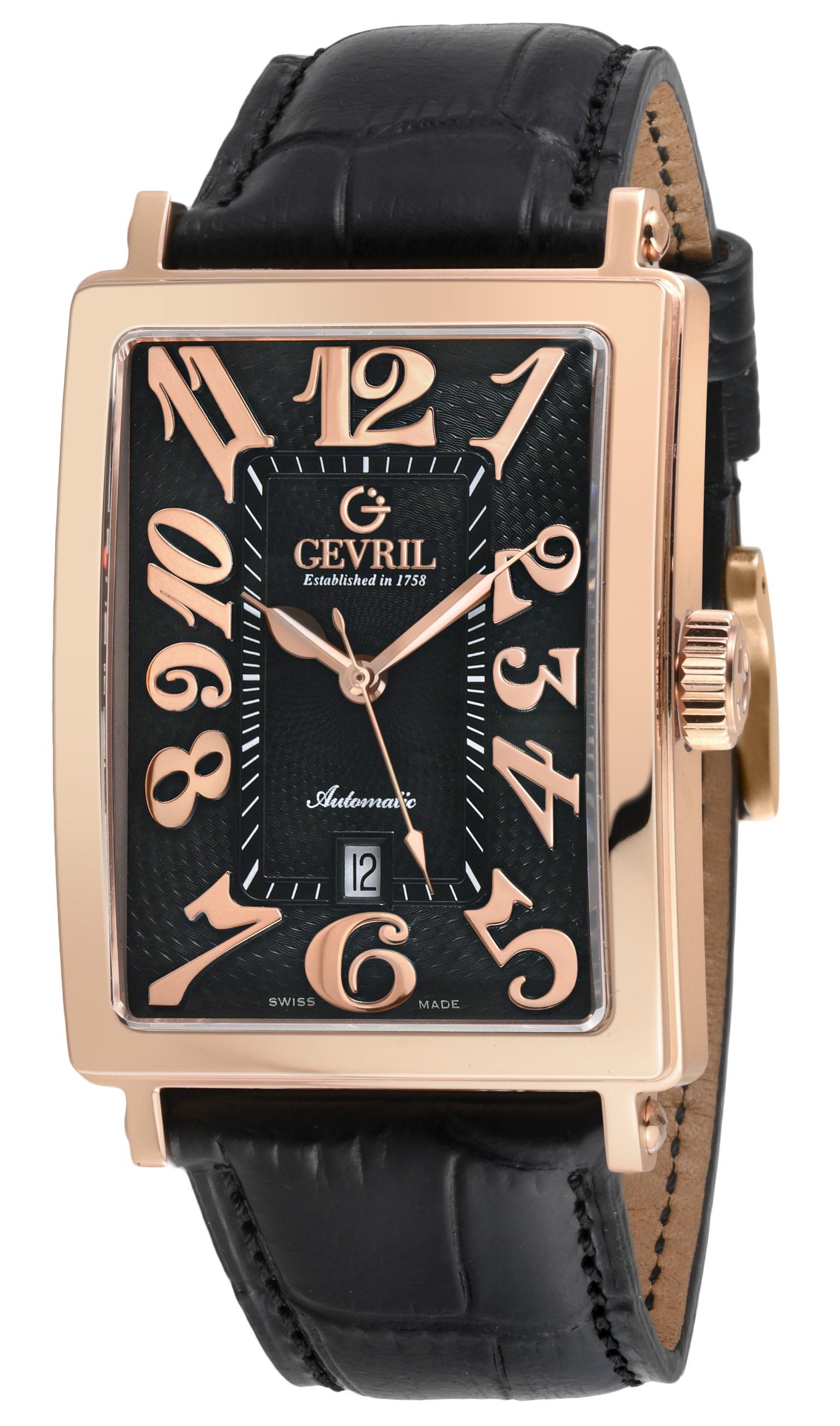 Gevril Mens Avenue of America's 15201-2 Swiss Automatic Sellita SW200, Genuine Black Leather Band - One Size