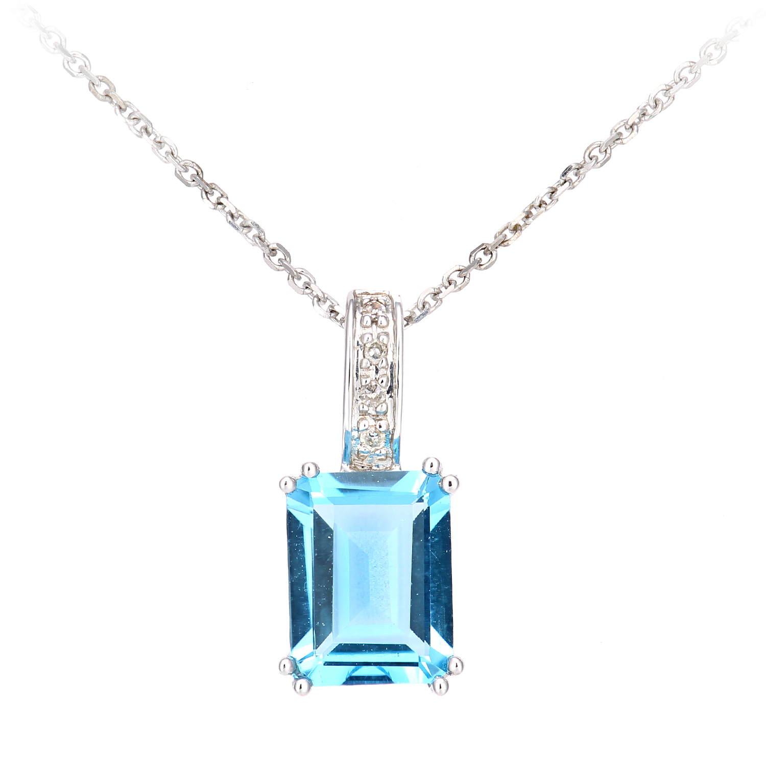 Diamant L'Eternel Womens 9ct White Gold Diamond and Blue Topaz Rectangle Cut Pendant Necklace - Size P 1/2
