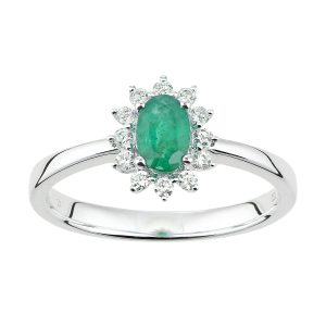 Diamant L’Eternel Womens 18ct White Gold Emerald and Diamond Oval Gemstone Ring – Size P 1/2