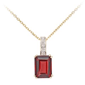 Diamant L’Eternel Womens 9ct Yellow Gold Diamond and Garnet Rectangle Cut Pendant Necklace – Size P 1/2