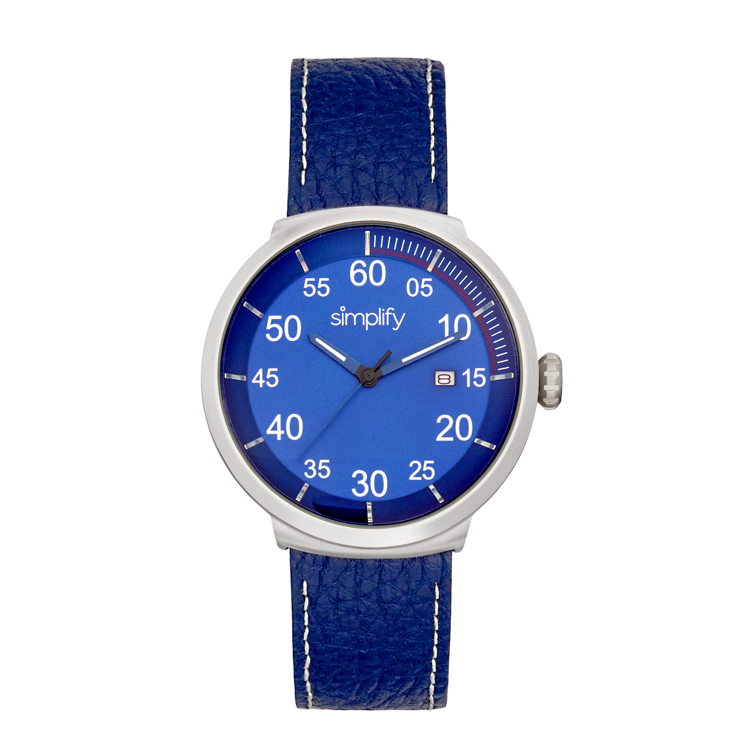 Simplify Unisex The 7100 Leather-Band Watch w/Date - Blue Stainless Steel - One Size