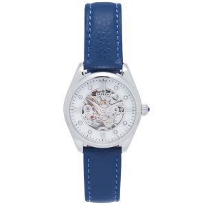 Empress Womens Magnolia Automatic MOP Skeleton Dial Leather-Band Watch – Blue Stainless Steel – One Size