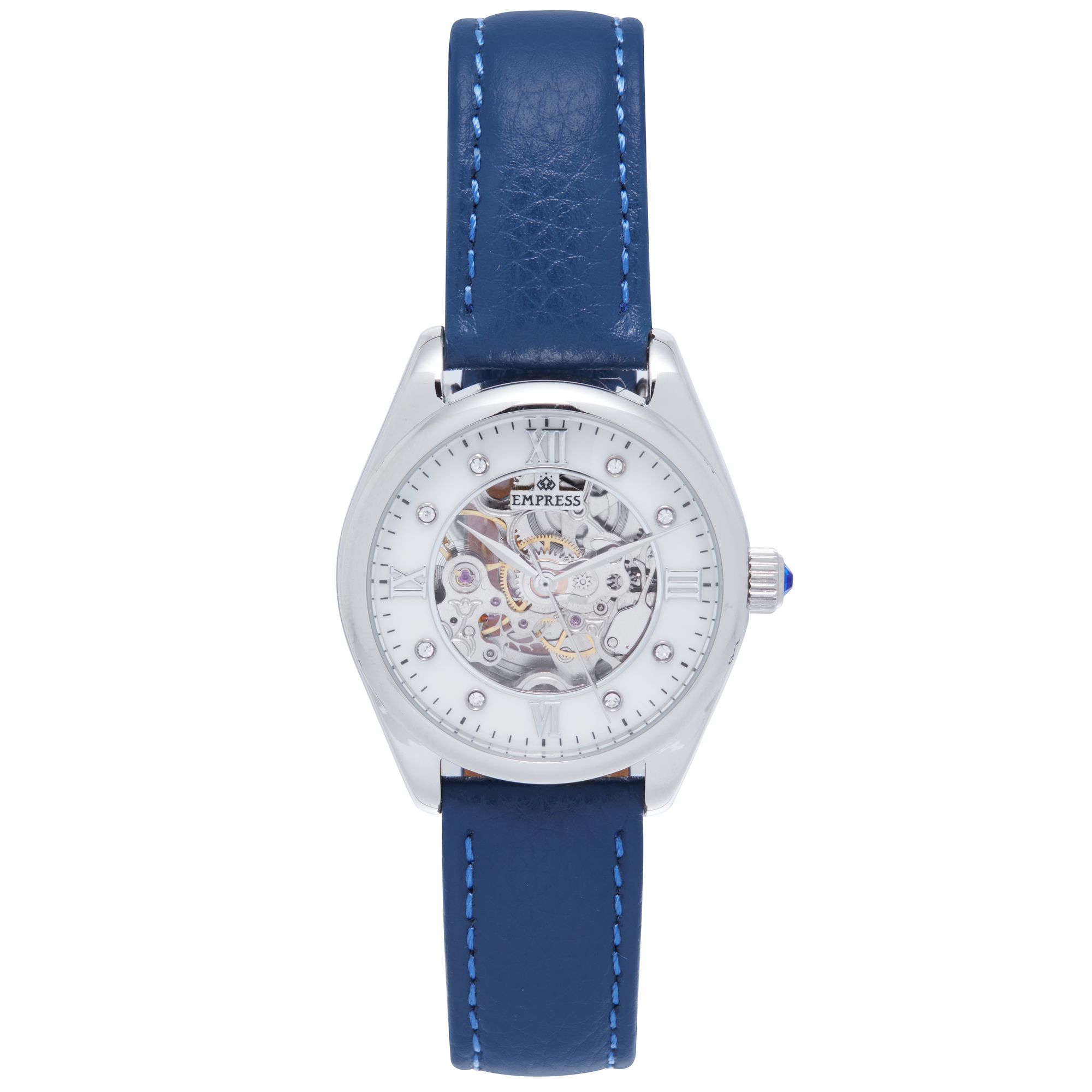 Empress Womens Magnolia Automatic MOP Skeleton Dial Leather-Band Watch - Blue Stainless Steel - One Size