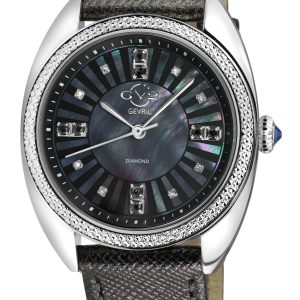 Gv2 WoMens Palermo Diamond Swiss Quartz MOP White Dial, Genuine Black Handmade Leather Watch – One Size