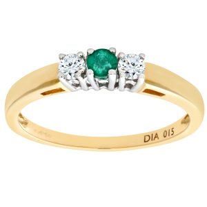 Diamant L’Eternel Womens 9ct Yellow Gold Diamond and Emerald 3 Stone Ladies Rring – Size I