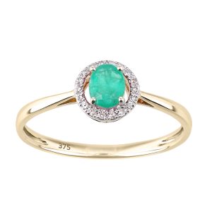 Diamant L’Eternel Womens 9ct Yellow Gold Diamond and Emerald Round Ring with Halo – Size L