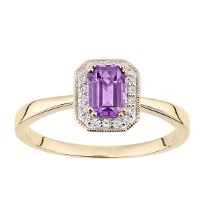 Diamant L’Eternel Womens 9ct Yellow Gold Diamond and Amethyst Gemstone Rectangle Cut Ring – Size M