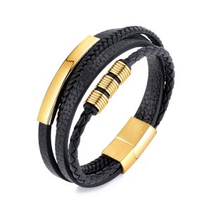 Men’s Gold Plated Steel Genuine Black Leather Double Braided Bracelet
