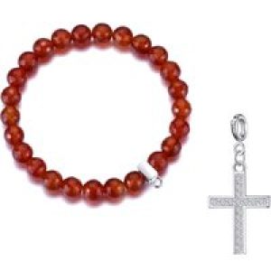 Faceted Carnelian Gemstone Stretch Bracelet with Charm Created with Zircondia® Crystals