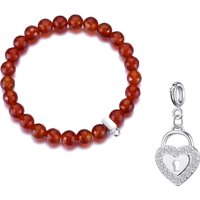 Faceted Carnelian Gemstone Stretch Bracelet with Charm Created with Zircondia® Crystals - Image 2