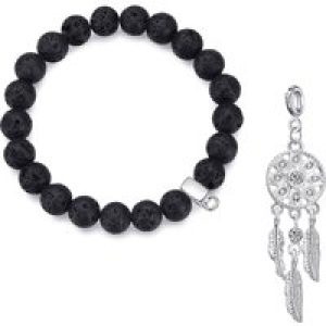 Lava Rock Gemstone Stretch Bracelet with Charm Created with Zircondia® Crystals