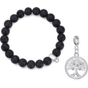 Lava Rock Gemstone Stretch Bracelet with Charm Created with Zircondia® Crystals