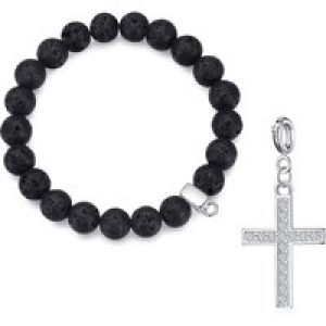 Lava Rock Gemstone Stretch Bracelet with Charm Created with Zircondia® Crystals