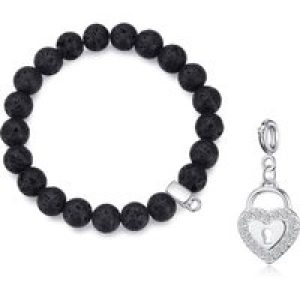Lava Rock Gemstone Stretch Bracelet with Charm Created with Zircondia® Crystals