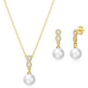 Gold Plated Infinity Pearl Drop Set Created with Zircondia® Crystals