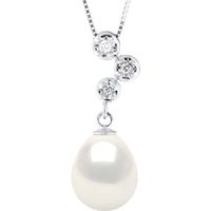 Ateliers Saint Germain Womens Necklace Jewelry Diamonds 0,06 Cts – Quality HSI White Gold and Real Cultured Freshwater Pearl Pear 9-10 mm – One Size