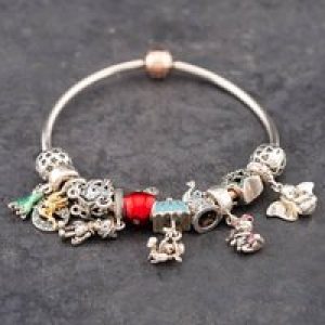 Pre-Owned Pandora Silver & Rose Gold Plated 12 Charms Included Medium Charm Bangle 41221355