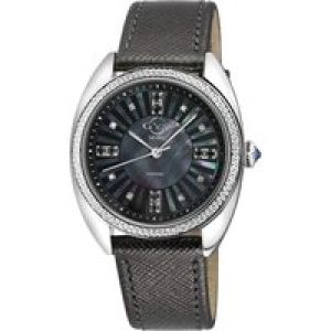 Gv2 WoMens Palermo Diamond Swiss Quartz MOP White Dial, Genuine Black Handmade Leather Watch – One Size