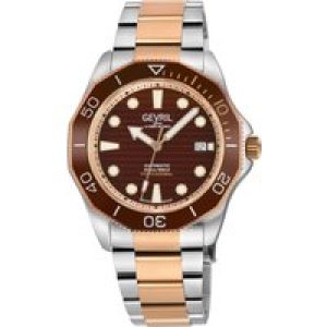 Gevril Mens Pier 90 Swiss Automatic Sellita SW200 Ceramic inlay in Brown, Dial, SS/IPRG Two toned Satin and Polished Bracelet Watch – Silver & Gold – One Size