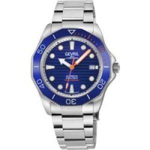 Gevril Mens Pier 90 Swiss Automatic Sellita SW200 Ceramic inlay in Blue, Bright Dial, SS Satin and Polished Bracelet Watch – Silver – One Size