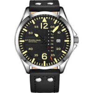 Stührling Mens Black Aviator Quartz 44mm – Silver – One Size