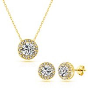 Gold Plated Halo Set Created with Zircondia® Crystals