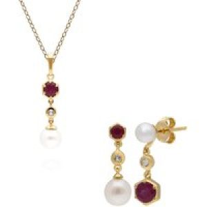 Fashionable Pearl, Topaz & Ruby Pendant & Earring Set in Gold Plated Silver