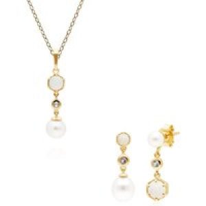 Trendy Pearl, Topaz & Opal Pendant & Earring Set in Gold Plated Silver