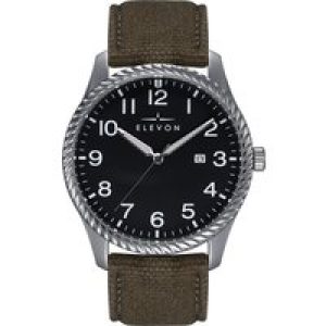 Elevon Mens Crosswind Canvas-Overlaid Leather-Band Watch w/ Date – Olive Metal – One Size