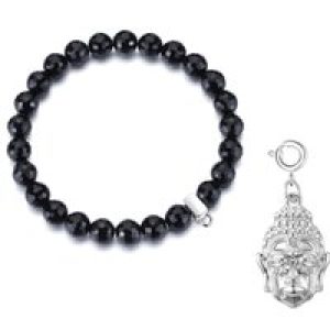 Faceted Black Onyx Gemstone Stretch Bracelet with Charm Created with Zircondia® Crystals