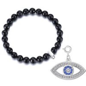 Faceted Black Onyx Gemstone Stretch Bracelet with Charm Created with Zircondia® Crystals