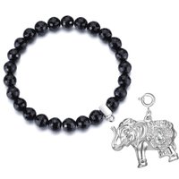 Faceted Black Onyx Gemstone Stretch Bracelet with Charm Created with Zircondia® Crystals - Image 2