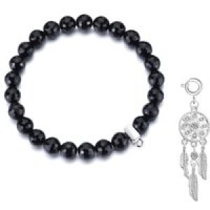 Faceted Black Onyx Gemstone Stretch Bracelet with Charm Created with Zircondia® Crystals