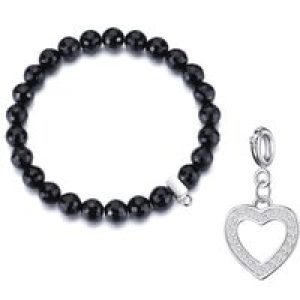 Faceted Black Onyx Gemstone Stretch Bracelet with Charm Created with Zircondia® Crystals
