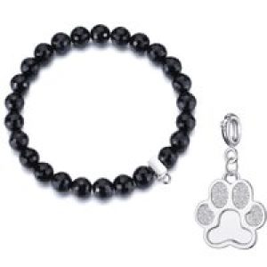Faceted Black Onyx Gemstone Stretch Bracelet with Charm Created with Zircondia® Crystals