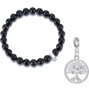 Faceted Black Onyx Gemstone Stretch Bracelet with Charm Created with Zircondia® Crystals
