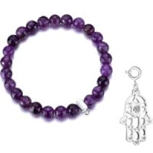 Faceted Amethyst Gemstone Stretch Bracelet with Charm Created with Zircondia® Crystals