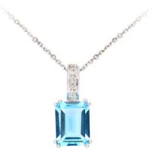 Diamant L’Eternel Womens 9ct White Gold Diamond and Blue Topaz Rectangle Cut Pendant Necklace – Size P 1/2